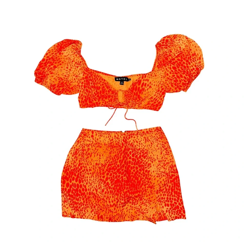 Motel Rocks XS Orange Red Animal Print Crop Top Skirt‎ Set Mini Club Party Rush